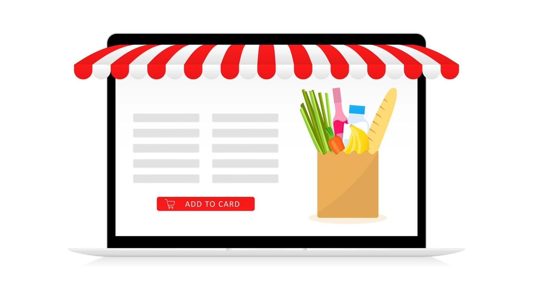 Products shopping in online application template. Digital laptop with red striped canopy and package selected food on screen. Supermarket web order with fast vector delivery