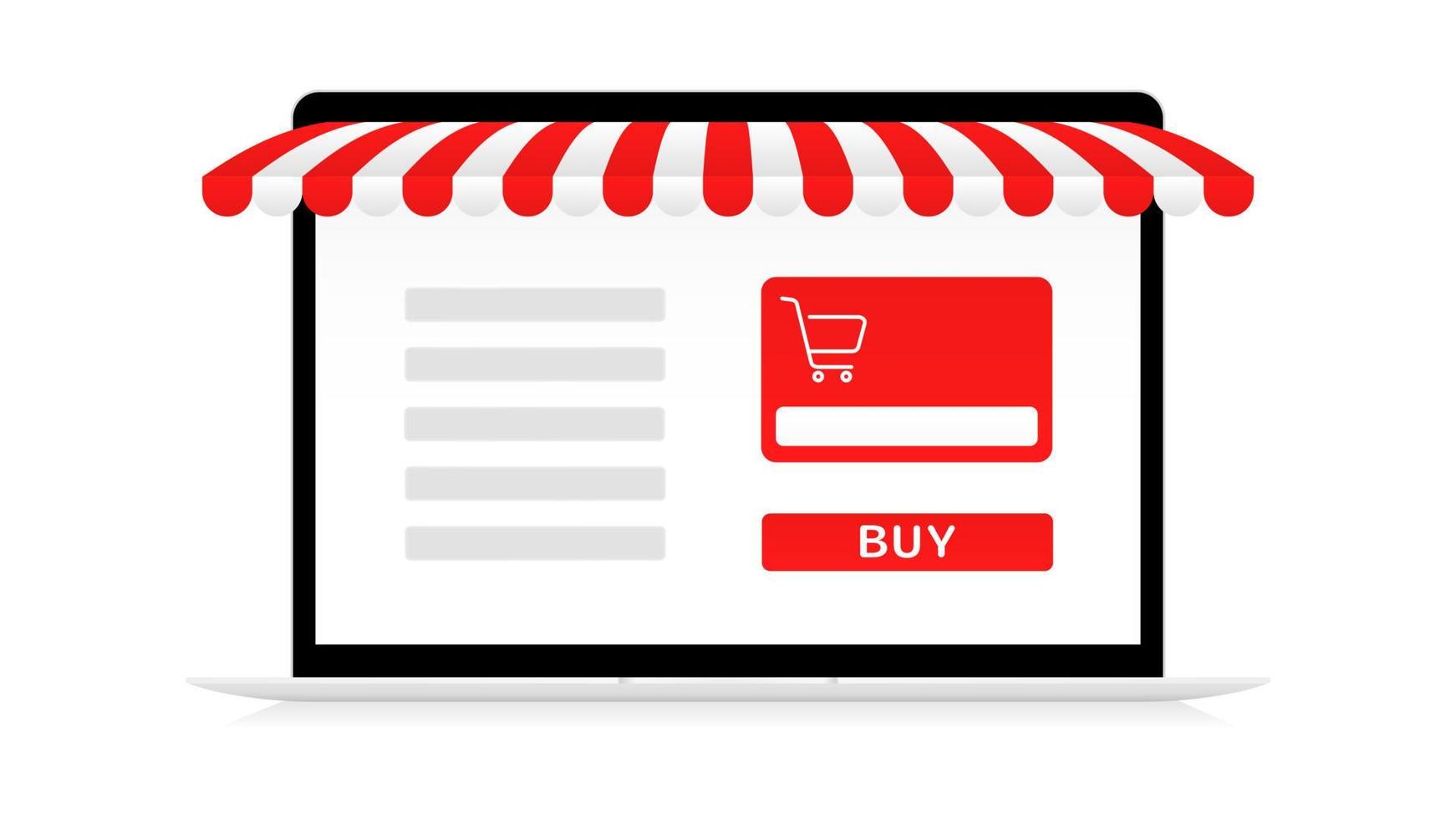 Shopping online store with notebook template. List things with red cart and canopy on screen gadget. Profitable purchases with digital payment and fast vector delivery