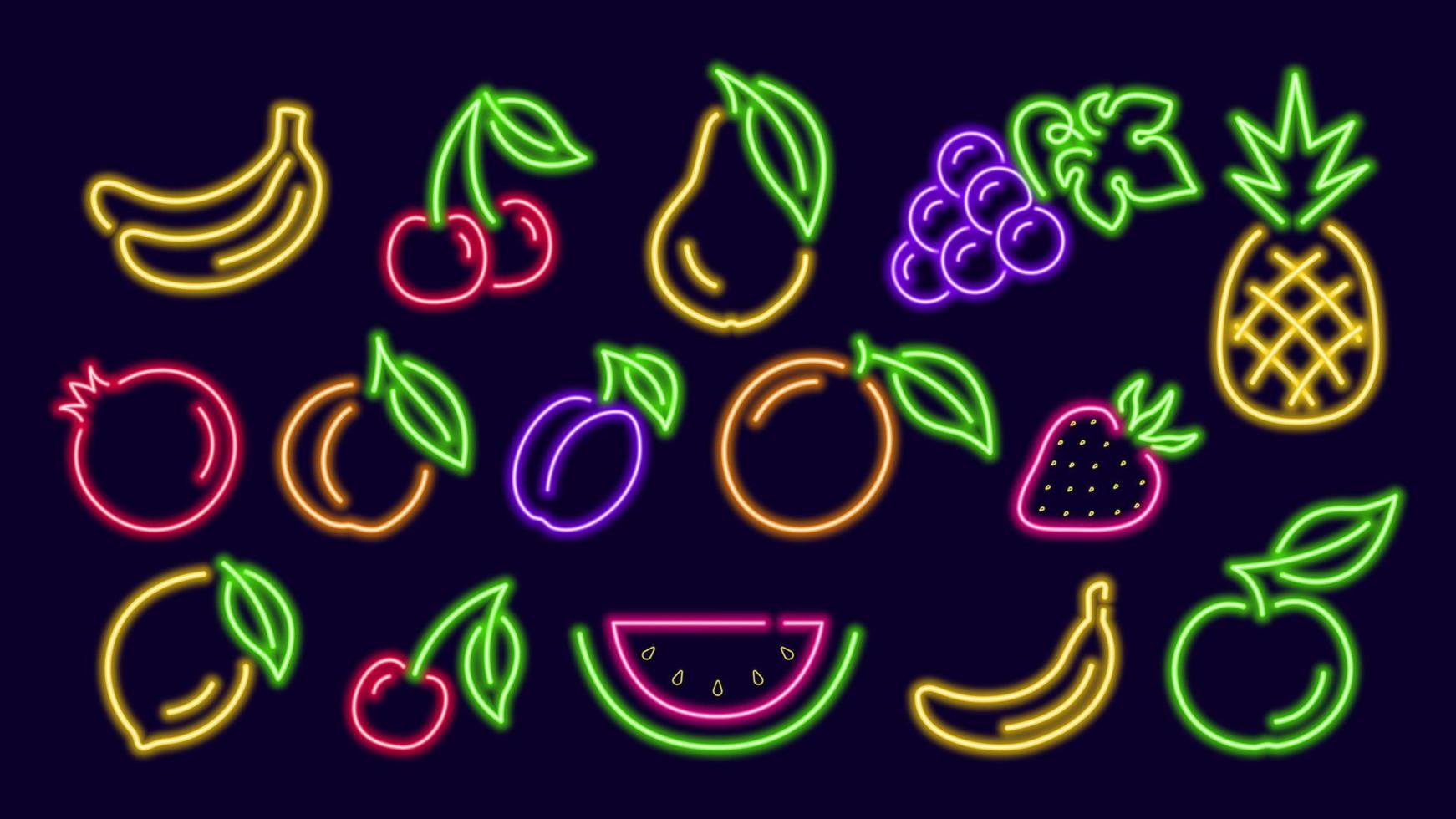 Neon glowing fruits one line collection. Ripe red pomegranate with slice of watermelon and sprig of cherries. Yellow banana with bunch of blue grapes. Digital design for nightlife vector signage