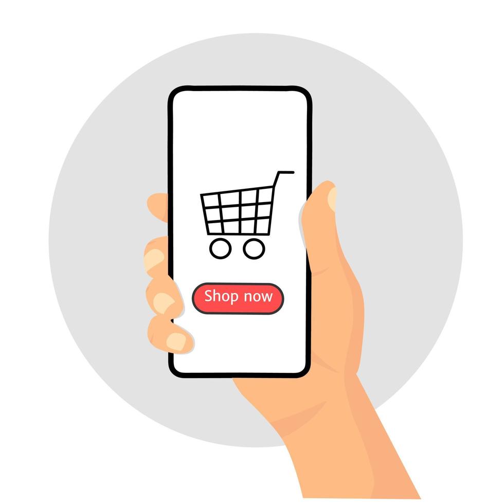 Illustration vector graphics flat design of, hands holding smartphone with online shop on screen, perfect for mobile application concept