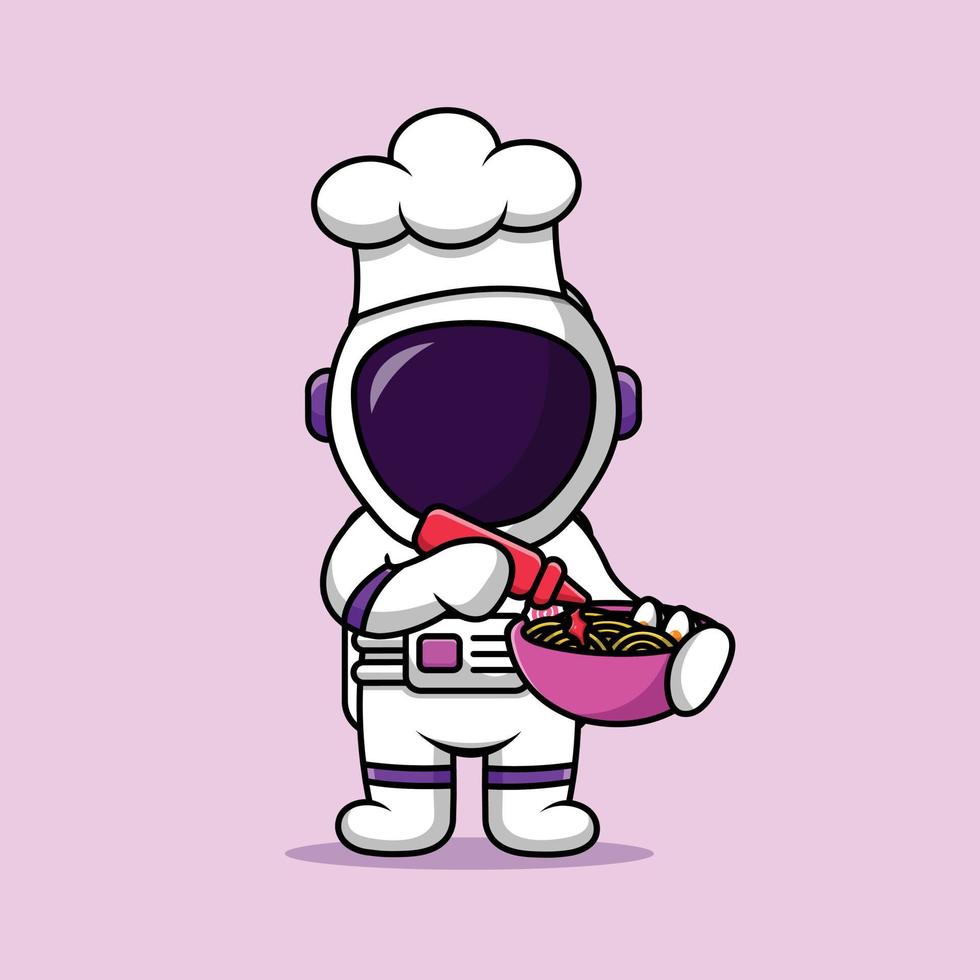 lindo chef astronauta sosteniendo ramen fideos dibujos animados vector icono ilustración. concepto de icono de comida de personas vector premium aislado. estilo de dibujos animados plana