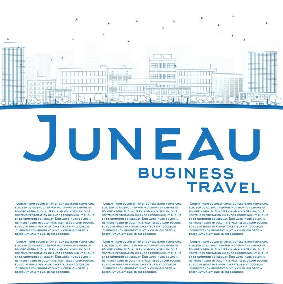Outline Juneau Alaska Skyline with Blue Buildings. vector