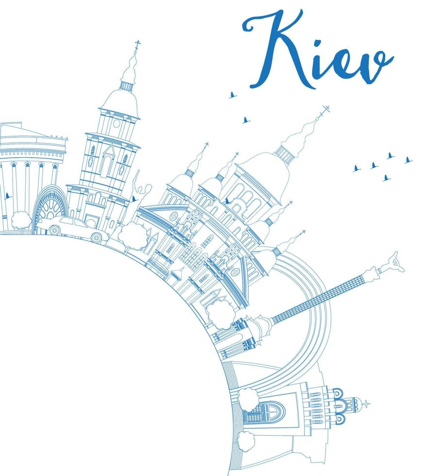 Outline Kiev skyline with blue landmarks and copy space. vector