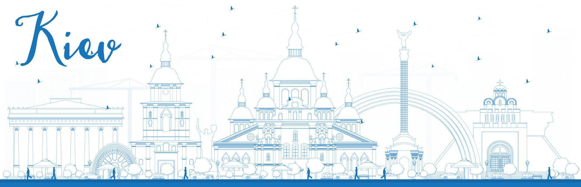 Outline Kiev skyline with blue landmarks. vector