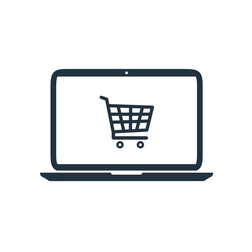 vector de icono de compras en línea en la computadora portátil símbolo de compras en línea para el diseño de su sitio web, logotipo, aplicación, ui. fondo blanco aislado.
