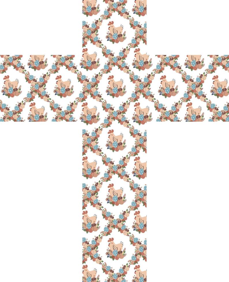 Decorated Easter cross with chickens, eggs and flowers vector