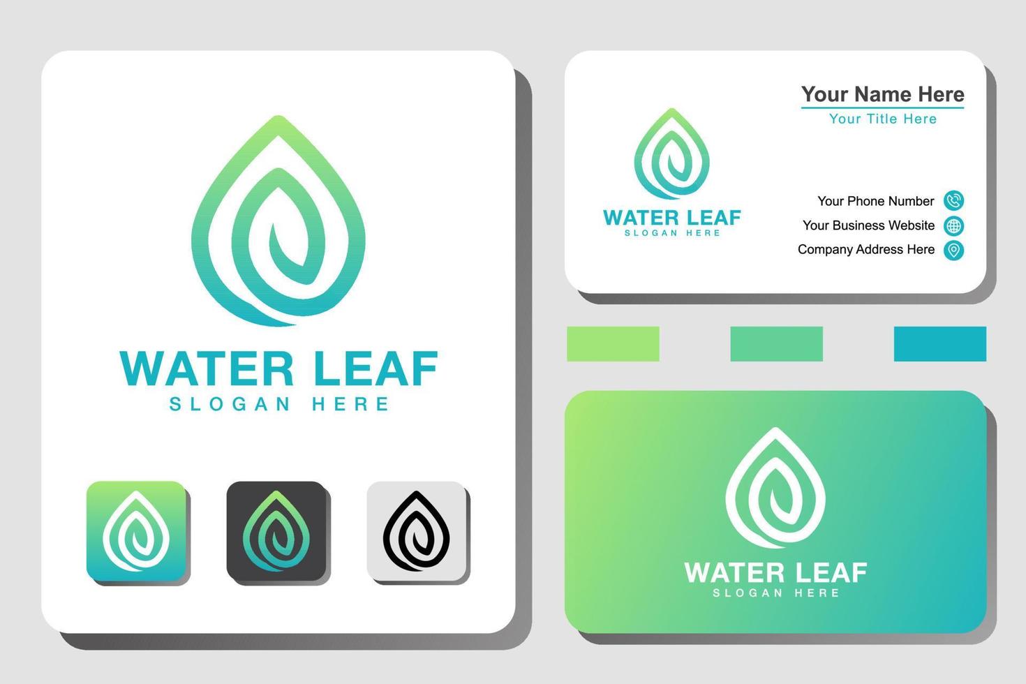modern Water leaf line art gradient logo with business card design vector