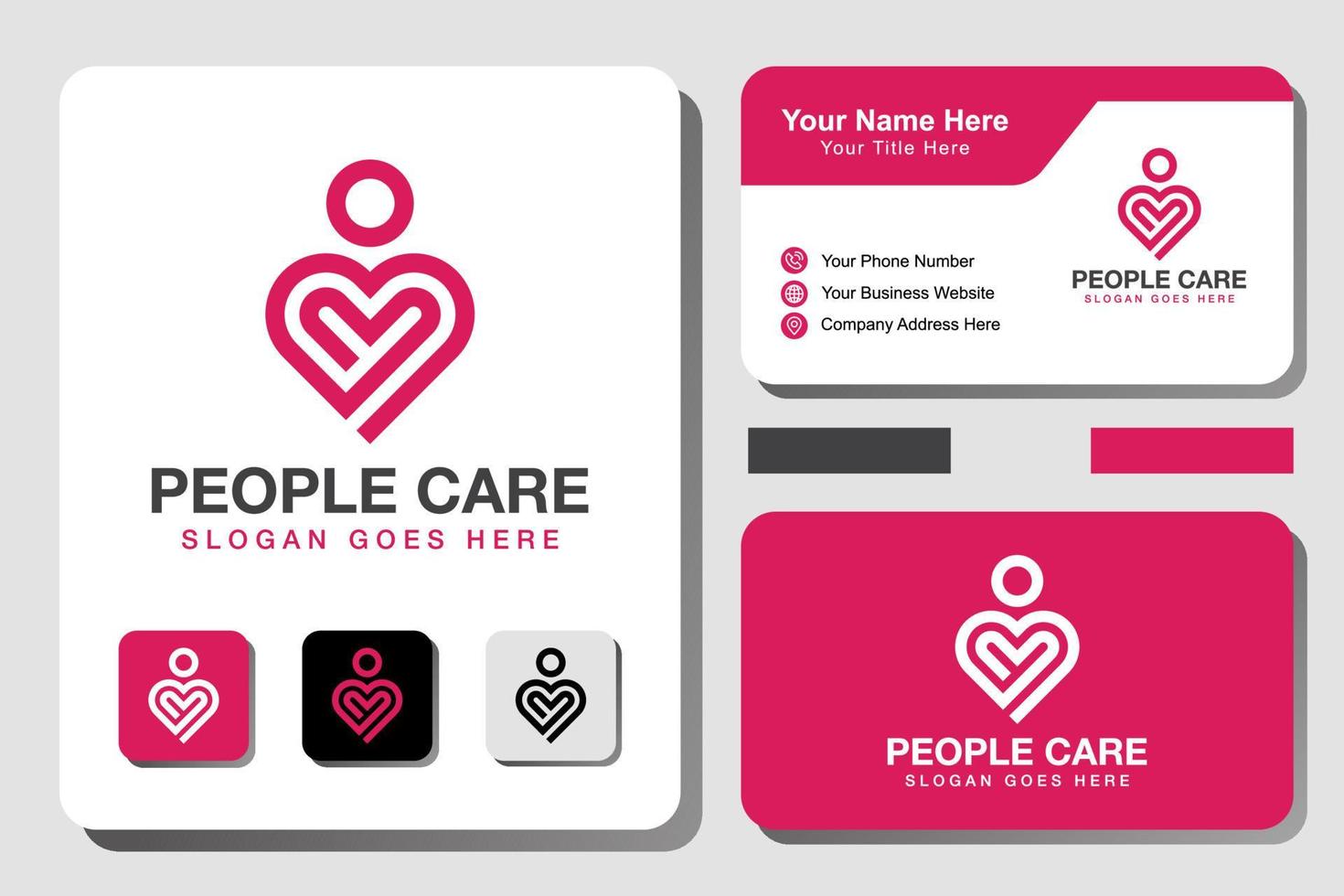 modern line people care logo. heart line art logo with business card design vector template