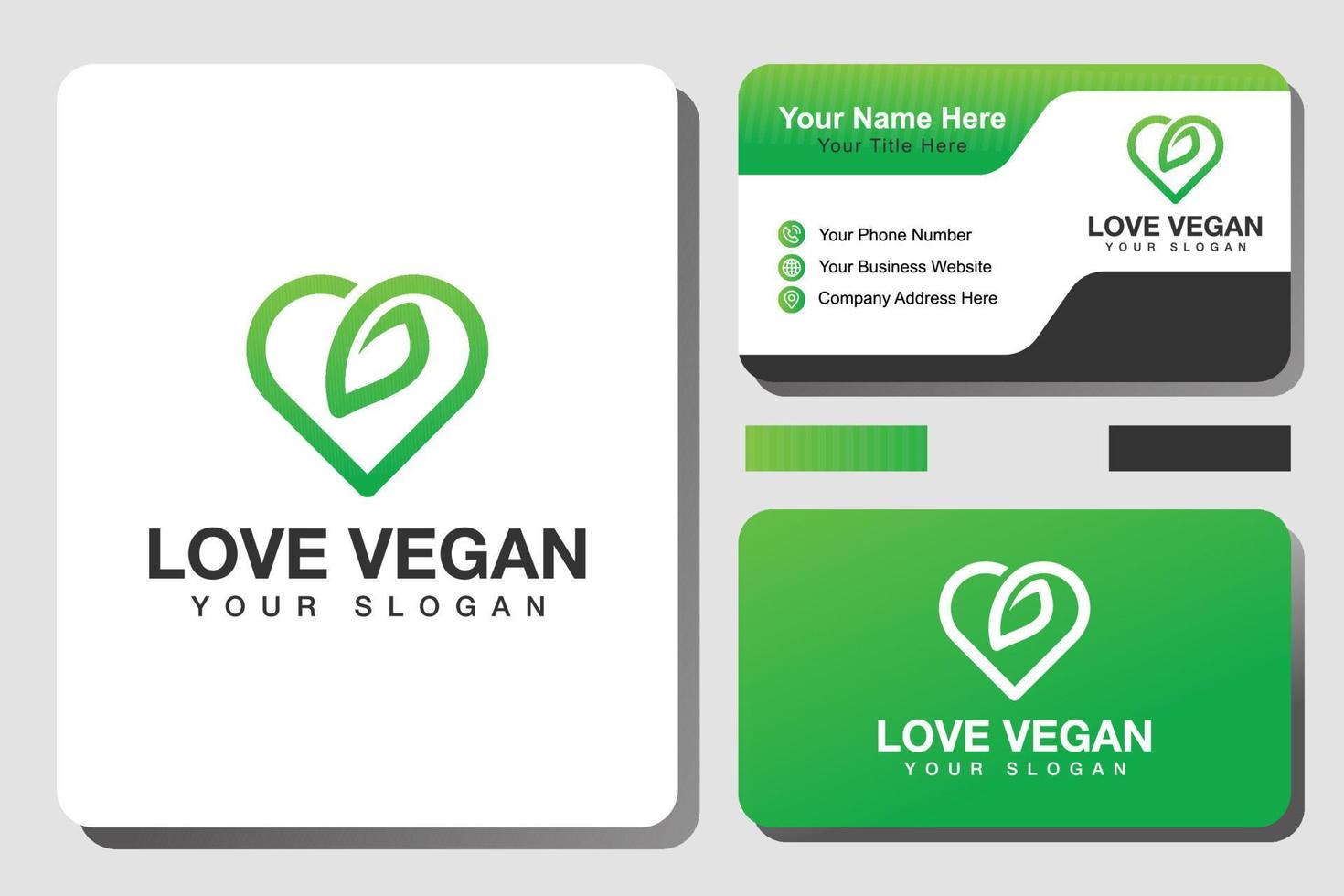 modern love vegan logo. leaf care logo. vegetables, diet symbol with business card design vector