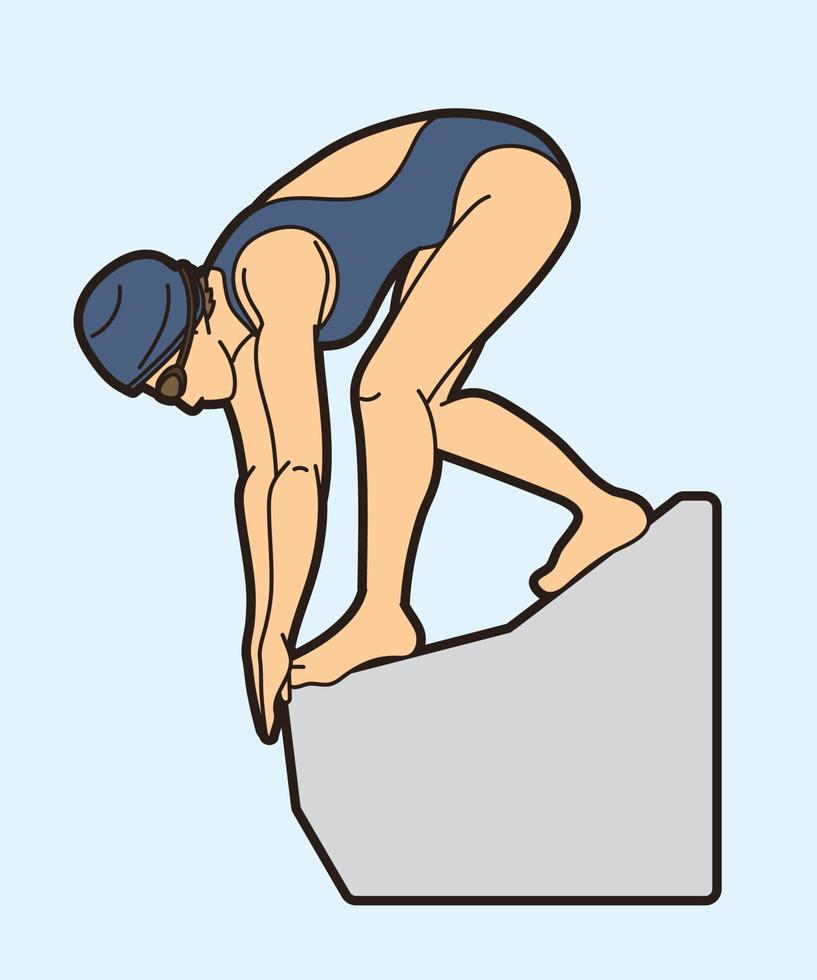 una mujer nadadora lista para saltar acción natación deporte vector