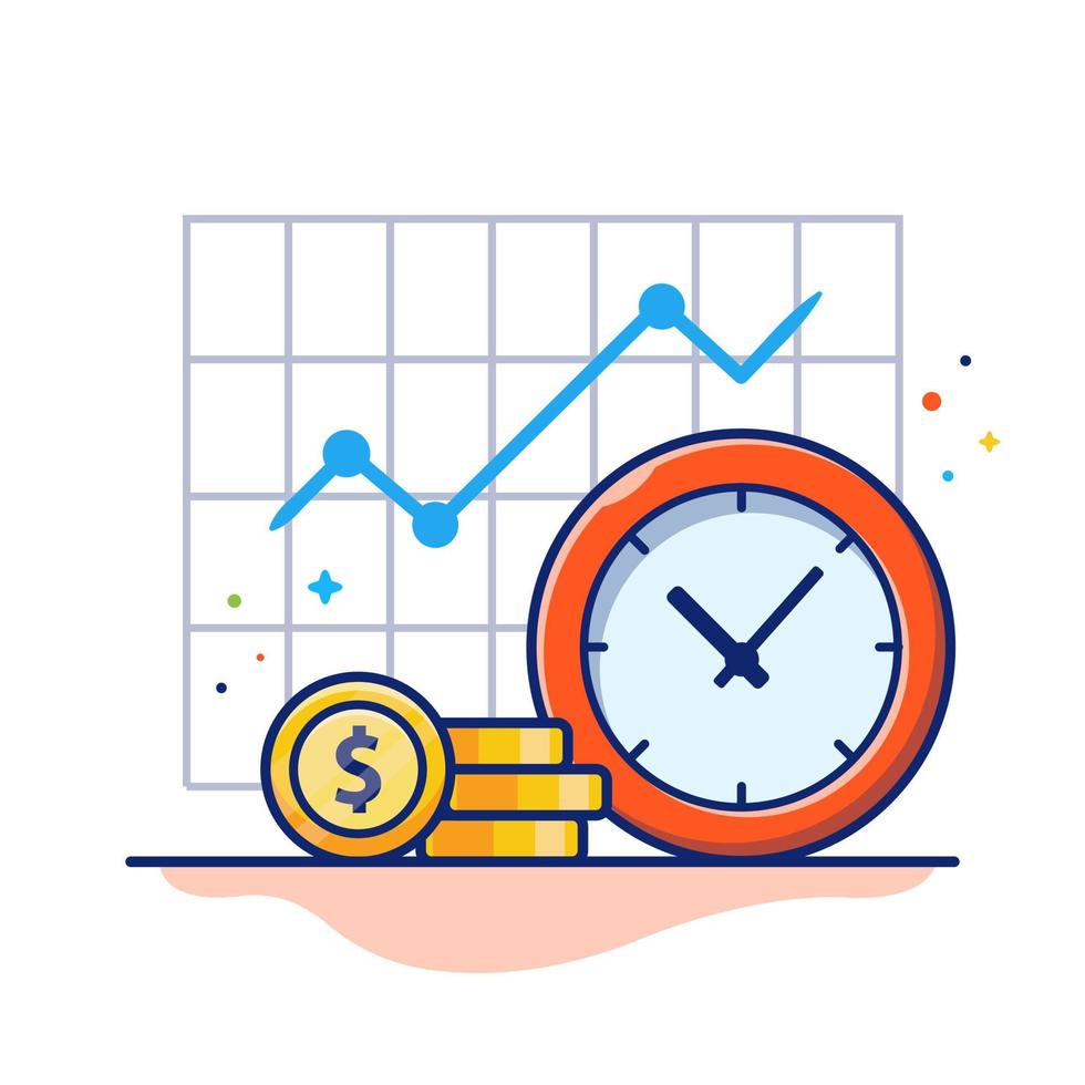 Clock With Gold Coin And Graph Statistic Cartoon Vector Icon  Illustration. Business Finance Icon Concept Isolated Premium Vector.  Flat Cartoon Style