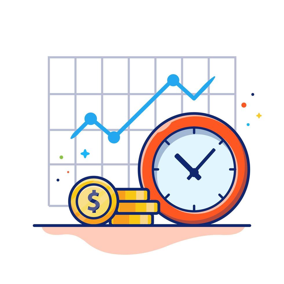 reloj con moneda de oro e ilustración de icono de vector de dibujos animados de estadística gráfica. concepto de icono de finanzas empresariales vector premium aislado. estilo de dibujos animados plana