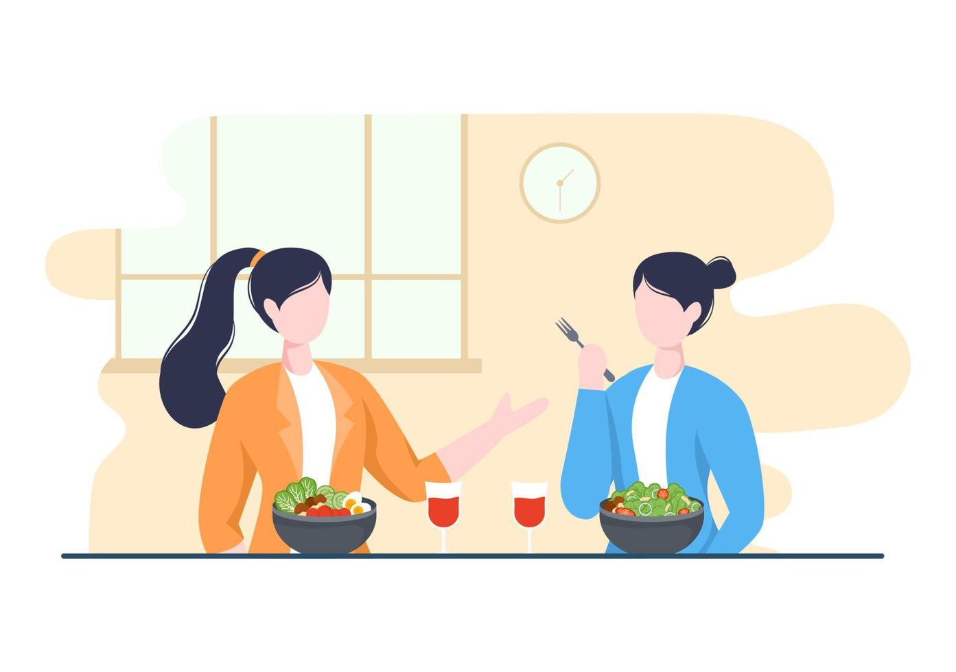 las personas que comen alimentos en cada comida con beneficios para la salud, una dieta equilibrada, vegana, nutricional y la comida se debe comer todos los días en una ilustración de fondo plana vector