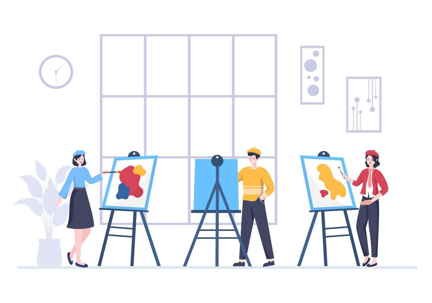 Painting Girl Model Sitting on Chair Posing to Paints using Easel, Canvas, Brushes and Watercolor for Poster or Workshops Designs in Flat Illustration vector