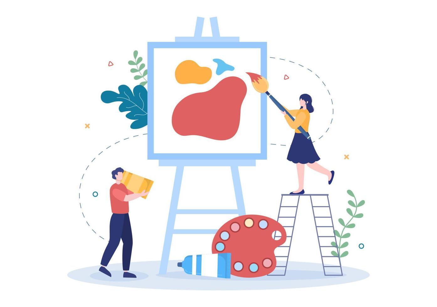 Painting Flat Illustration with Someone who Paints using Easel, Canvas, Brushes and Watercolor for Poster or Workshops Designs vector