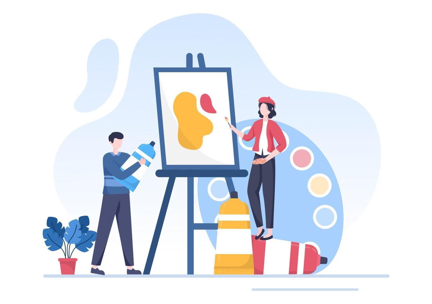 Painting Flat Illustration with Someone who Paints using Easel, Canvas, Brushes and Watercolor for Poster or Workshops Designs vector