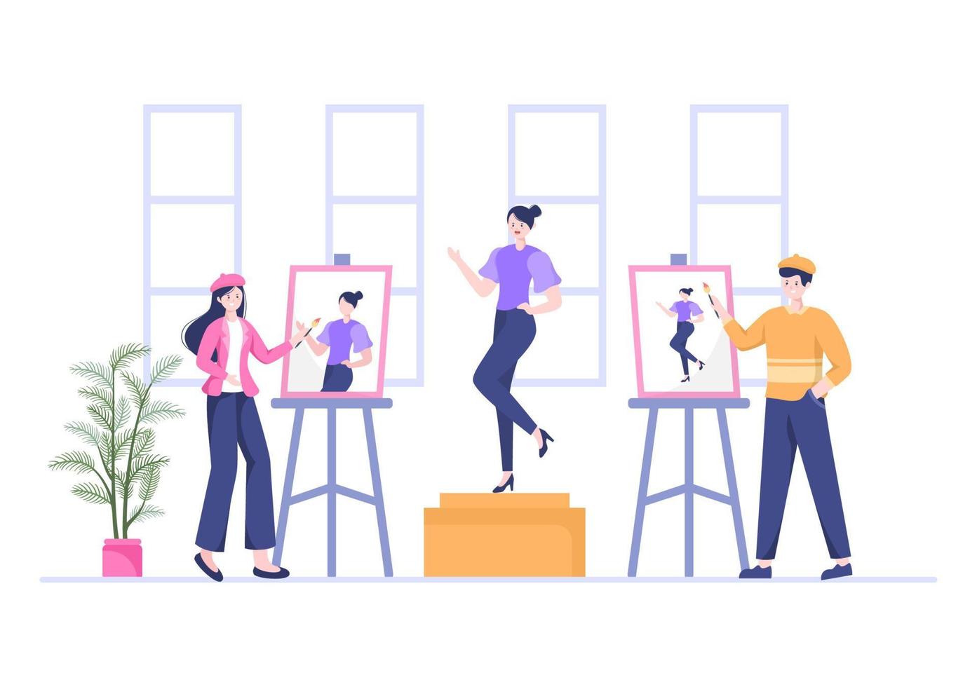 Painting Girl Model Sitting on Chair Posing to Paints using Easel, Canvas, Brushes and Watercolor for Poster or Workshops Designs in Flat Illustration vector