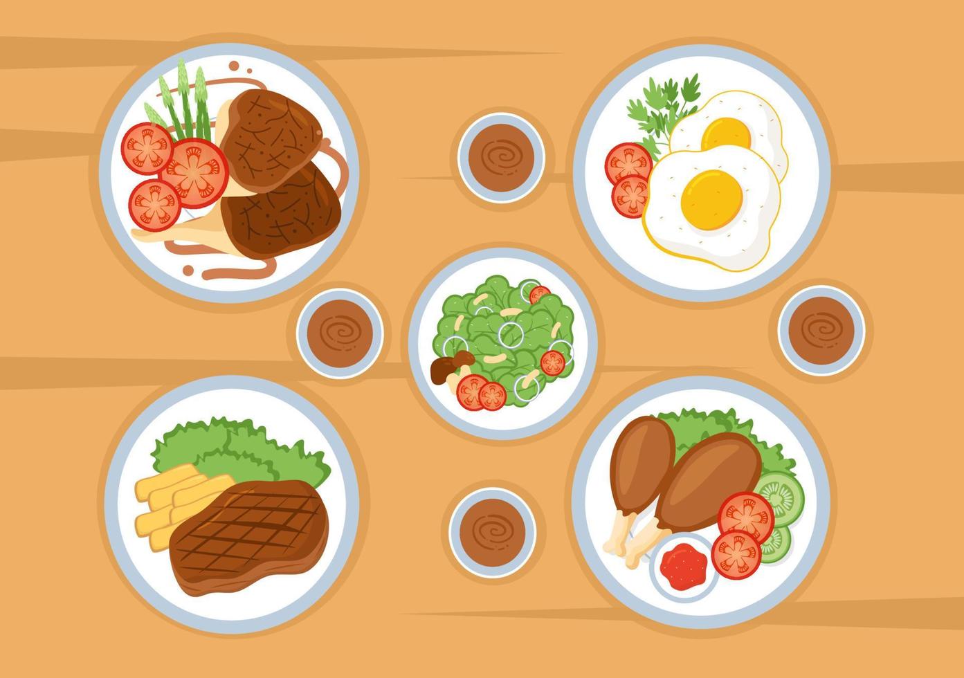 comida en cada comida con beneficios para la salud, dieta equilibrada, vegana, nutricional y la comida debe comerse todos los días en una ilustración de fondo plana vector