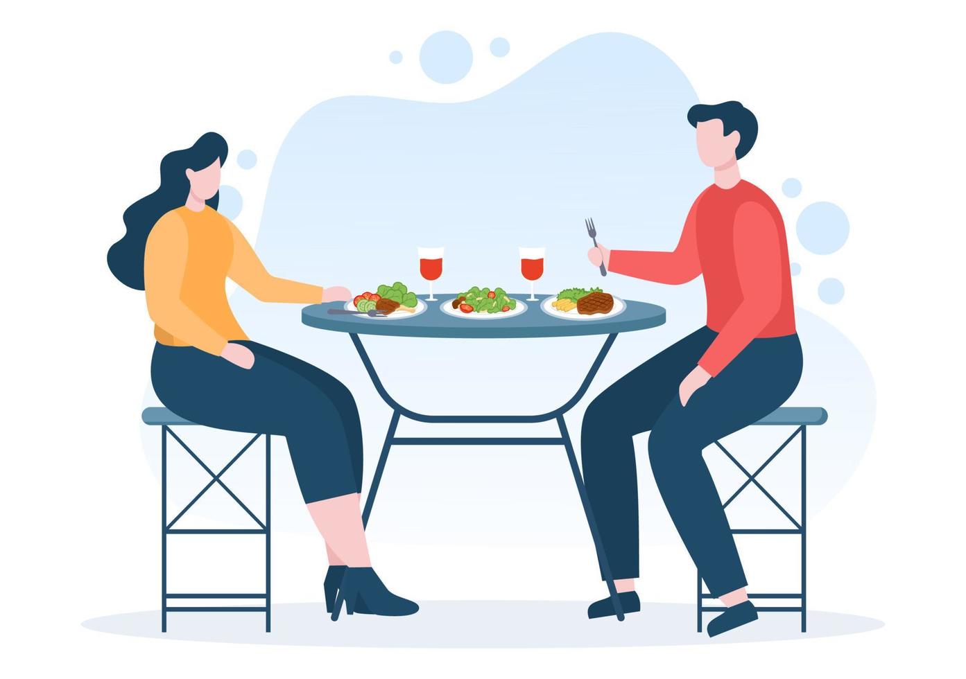 las personas que comen alimentos en cada comida con beneficios para la salud, una dieta equilibrada, vegana, nutricional y la comida se debe comer todos los días en una ilustración de fondo plana vector