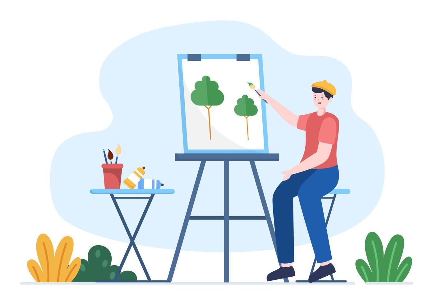 Painting Outdoors Flat Illustration with Someone who Paints using Easel, Canvas, Brushes and Watercolor for Poster or Workshops Designs vector