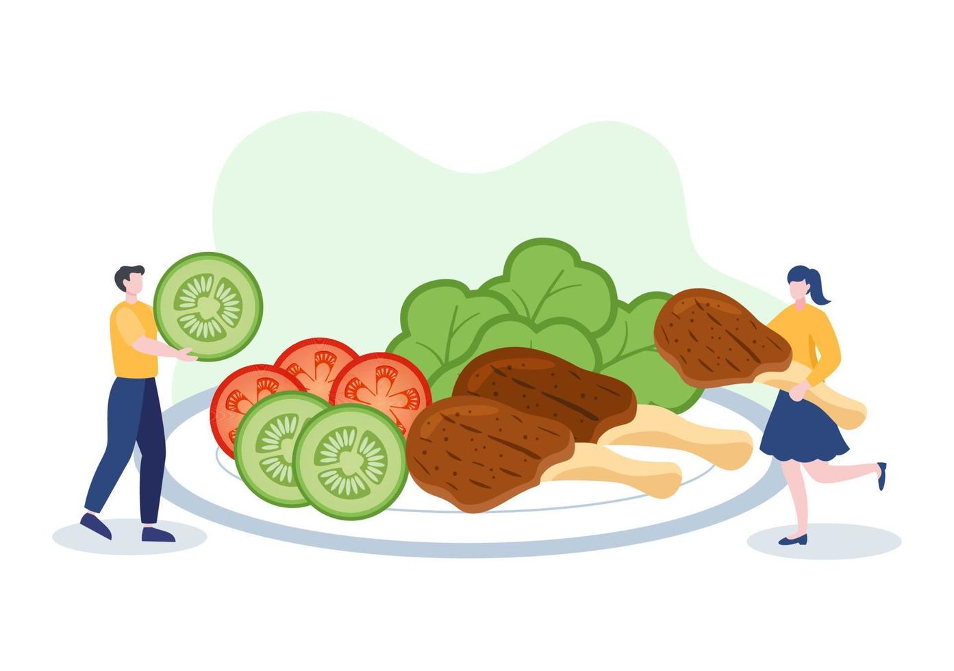 las personas que comen alimentos en cada comida con beneficios para la salud, una dieta equilibrada, vegana, nutricional y la comida se debe comer todos los días en una ilustración de fondo plana vector