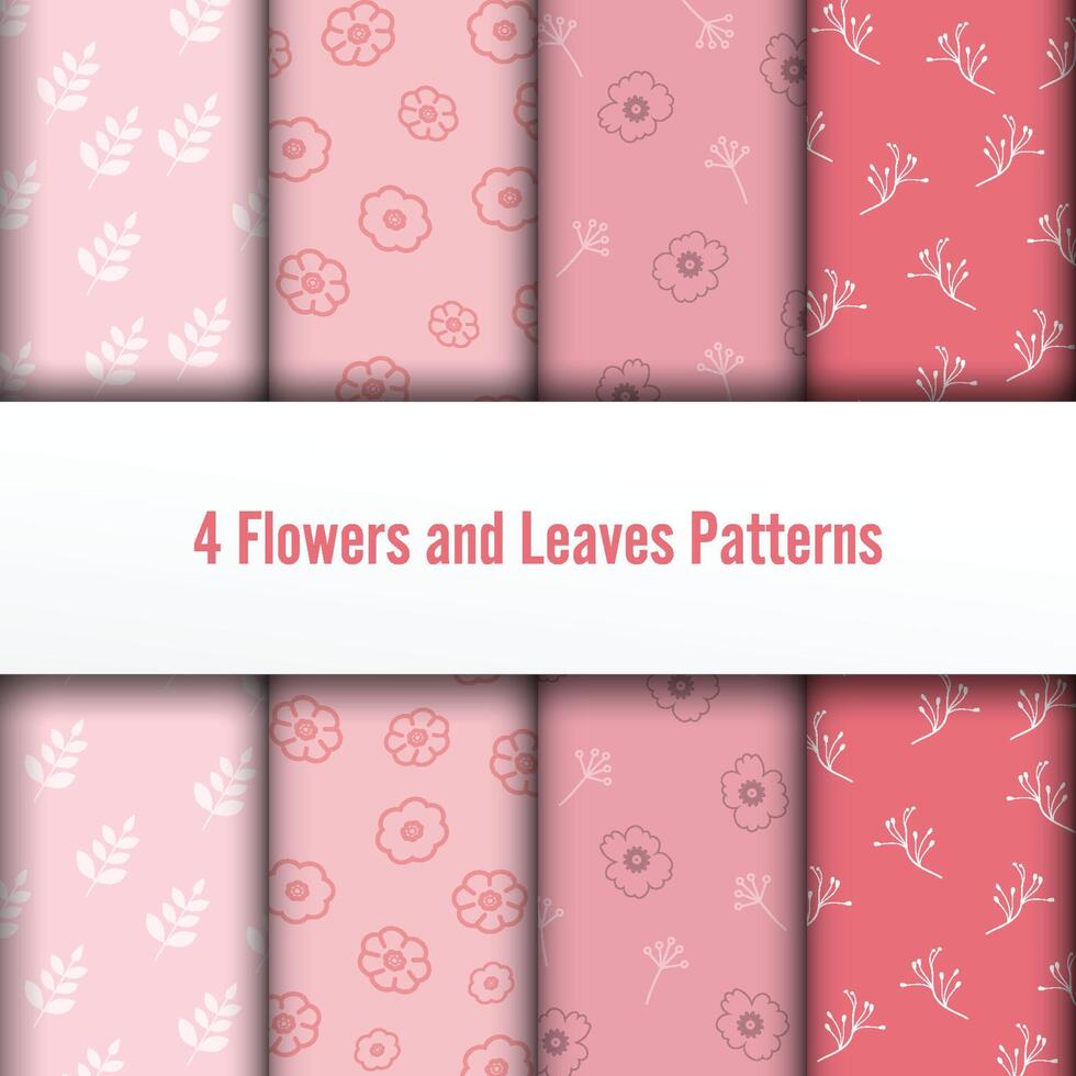 4 Set flower and leaves vector seamless patterns. Romantic chic texture can be used for printing on fabric and paper or scrap booking. Pink colors.