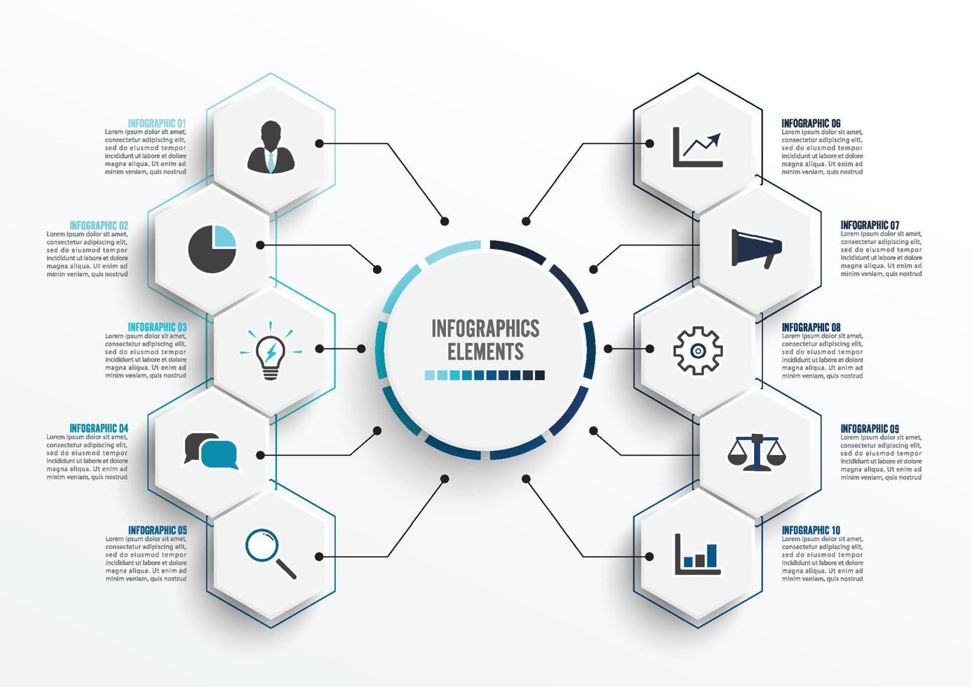 Vector infographic template with 3D paper label, integrated circles. Business concept with 10 options. For content, diagram, flowchart, steps, parts, timeline infographics, workflow, chart.