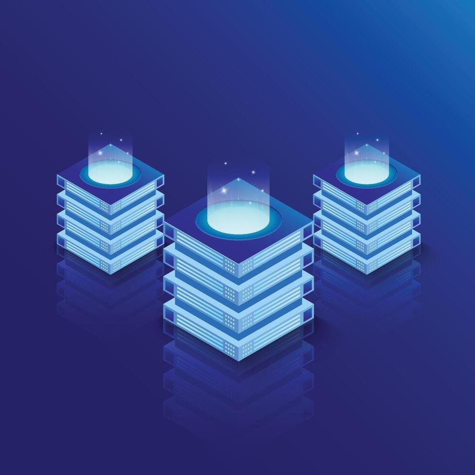 Isometric server room and big data processing concept, datacenter and data base icon. Computation of big data center, information processing. vector