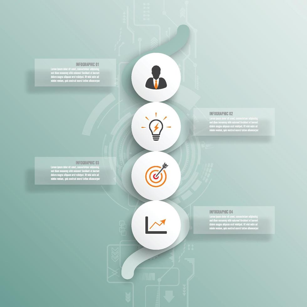 plantilla infográfica vectorial con etiqueta de papel 3d, círculos integrados. concepto de negocio con 4 opciones. para contenido, diagrama, diagrama de flujo, pasos, partes, infografías de línea de tiempo, flujo de trabajo, gráfico. vector