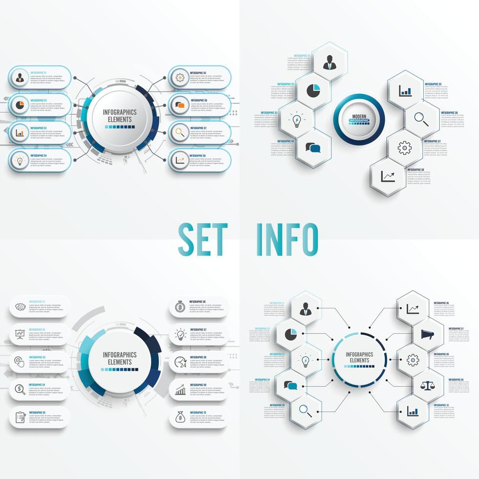 Set vector infographic template with 3D paper label, integrated circles. Business concept with 8, 10 options. For content, diagram, flowchart, steps, parts, timeline infographics, workflow, chart.