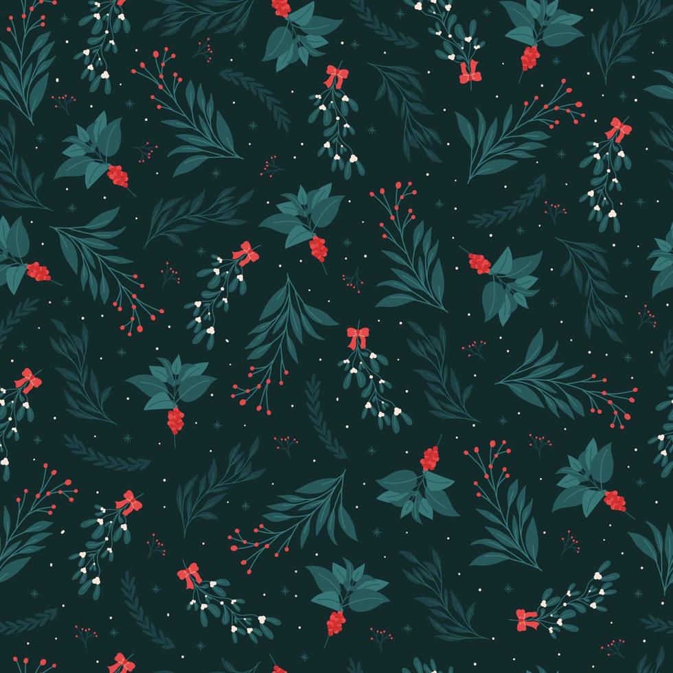 Seamless winter plants pattern on dark background. Christmas berries and flowers great for wrapping paper design. Elegant floral poster. vector