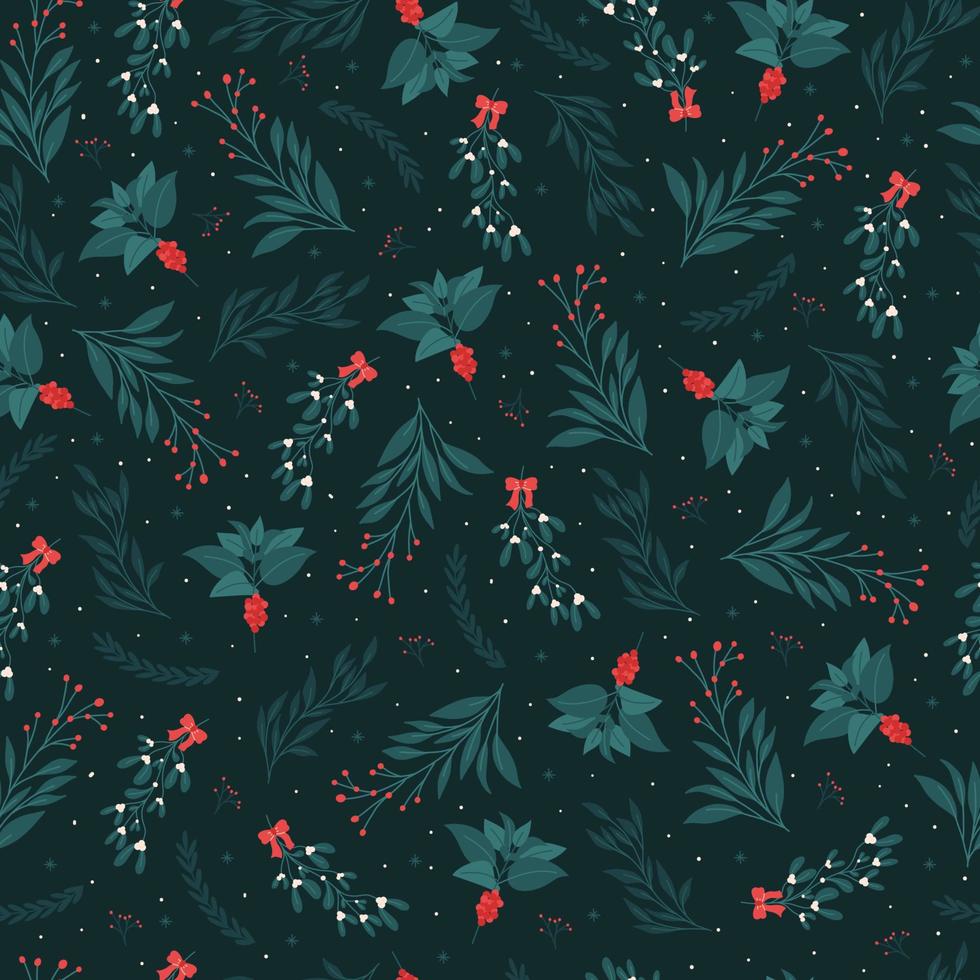 Seamless winter plants pattern on dark background. Christmas berries and flowers great for wrapping paper design. Elegant floral poster. vector