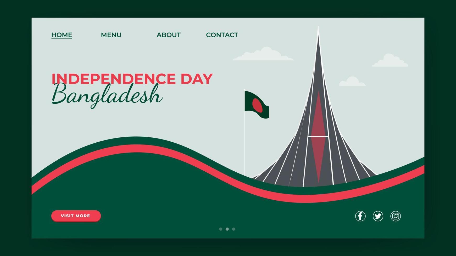 feliz día de la independencia de bangladesh diseño de página de inicio del sitio web con monumento nacional vector