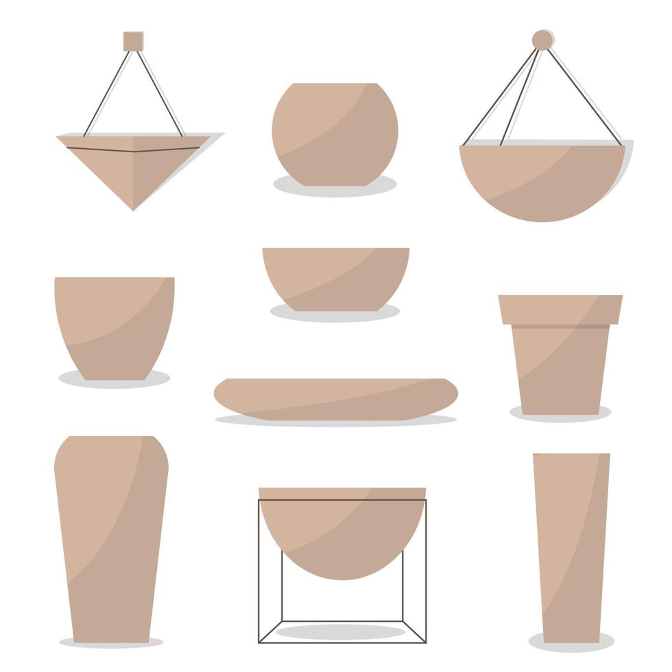 A set of flower pots of different shapes and colors, flower pots with a pattern for decorating the interior of a room or garden. Urban Jungle vector