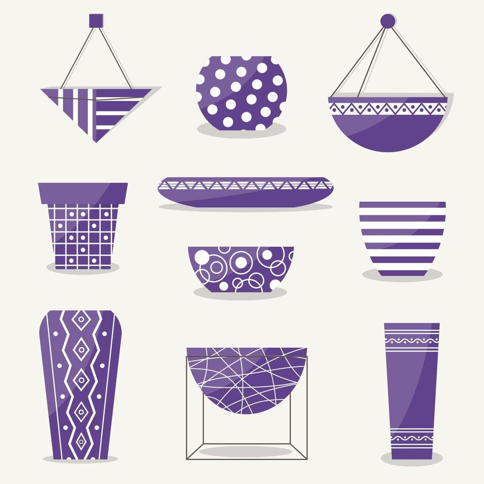 A set of flower pots of different shapes and colors, flower pots with a pattern for decorating the interior of a room or garden. Urban Jungle vector