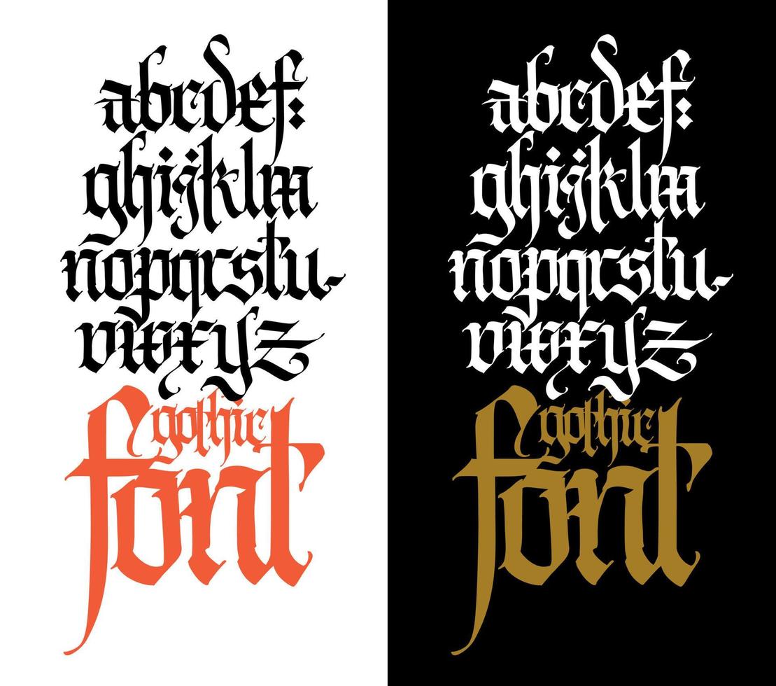 Pseudo-gothic, English alphabet. Vector. Font for tattoo, personal and commercial purposes. Letters and elements are isolated on a black background. Calligraphy for inscriptions. Modern style. vector