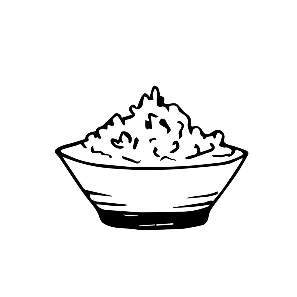 Hand-drawn simple vector illustration in black outline. Porridge, a bowl of boiled rice, side dish, healthy foods. Cooking, label, cafe, recipe, menu.