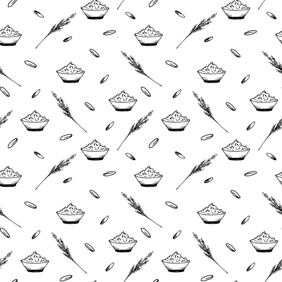 Vector black outline seamless pattern. Organic products, spikelet of rice, grains, bowl with porridge on a white background. Cereals, vegetarian, carbohydrates, cooking food. Label, shop, packaging.