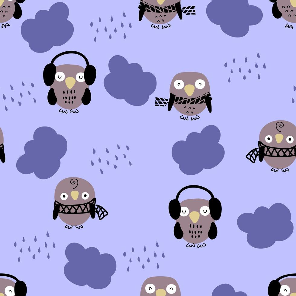 Hand drawn rainy seamless pattern with owls, clouds and drops. vector