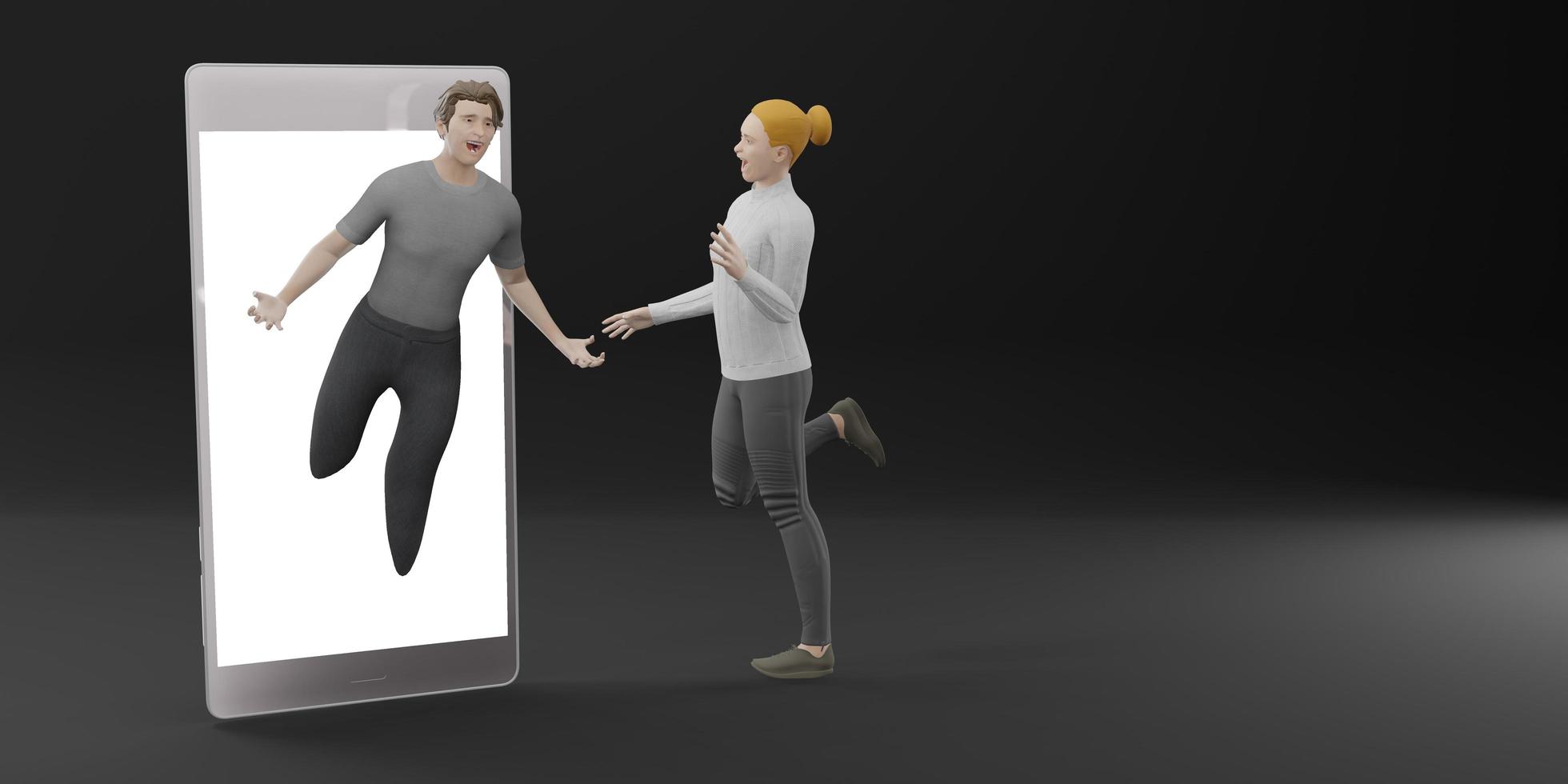 Man breaking out of smartphone talking to woman standing with phone smartphone photo