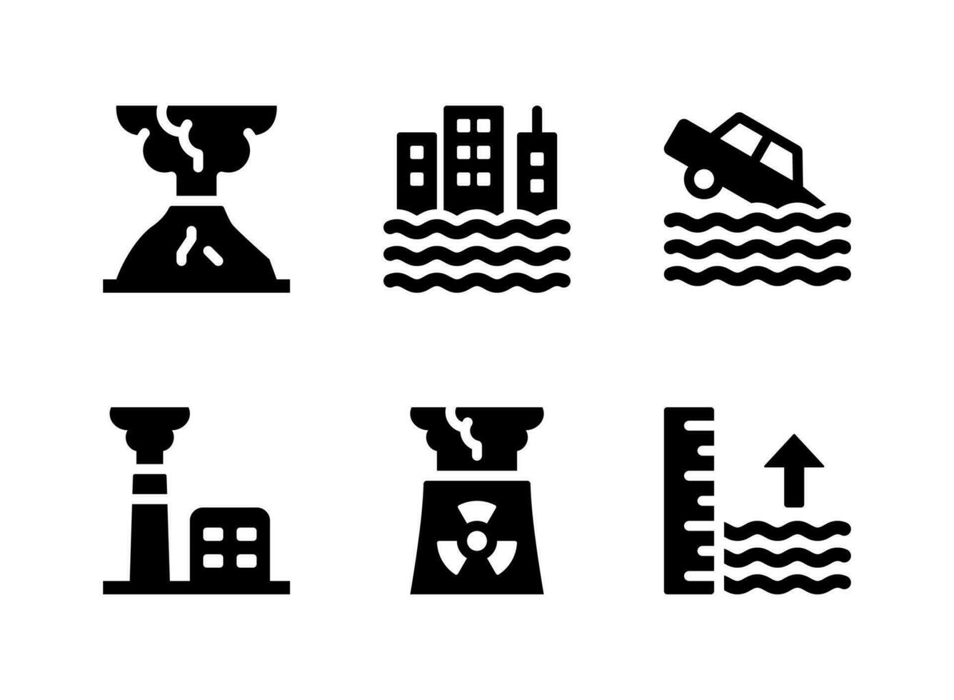 conjunto simple de iconos sólidos vectoriales relacionados con el cambio climático. contiene íconos como volcán, inundación en la ciudad y más. vector