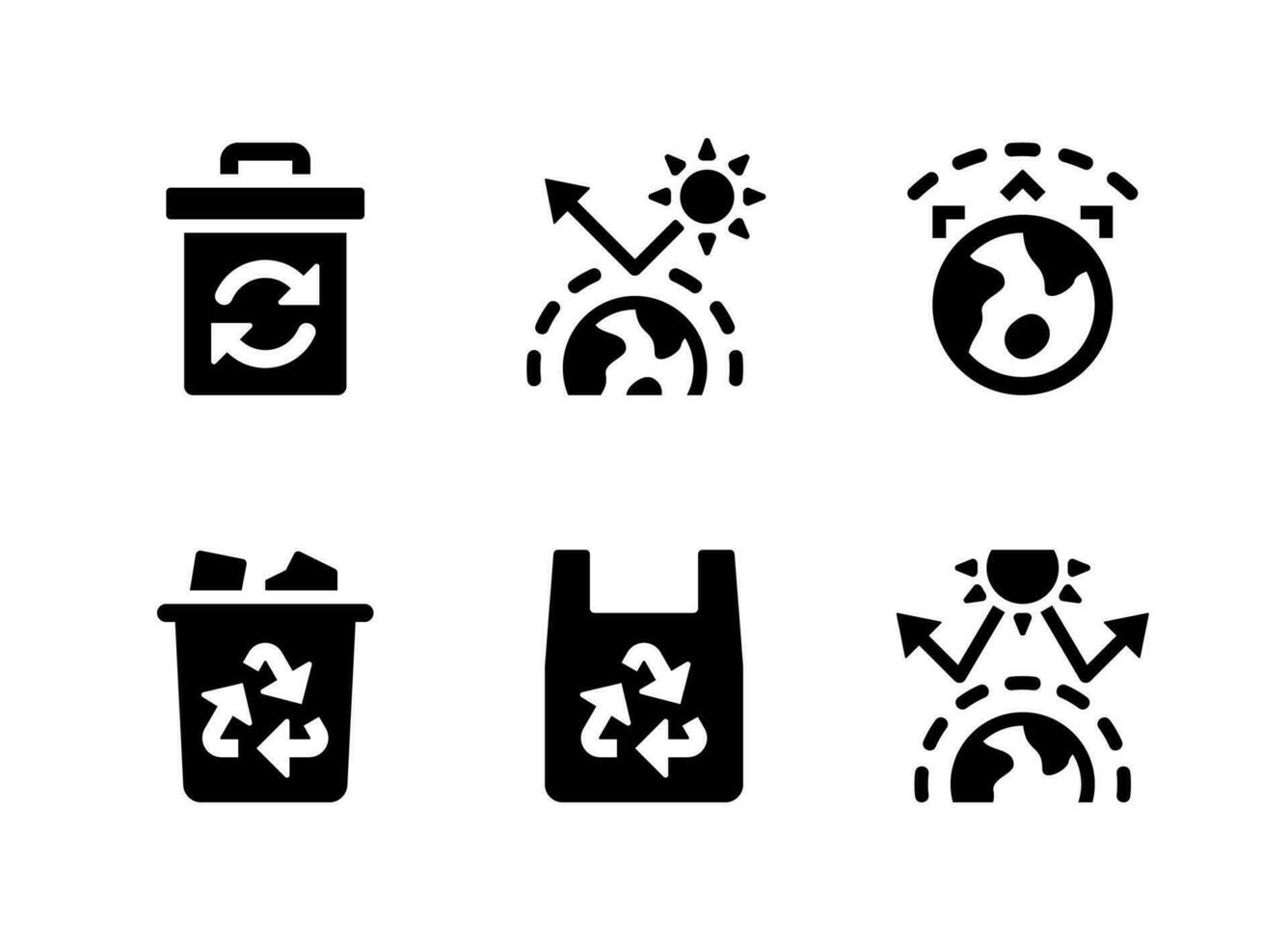 conjunto simple de iconos sólidos vectoriales relacionados con el cambio climático. contiene íconos como papelera de reciclaje, efecto invernadero y más. vector