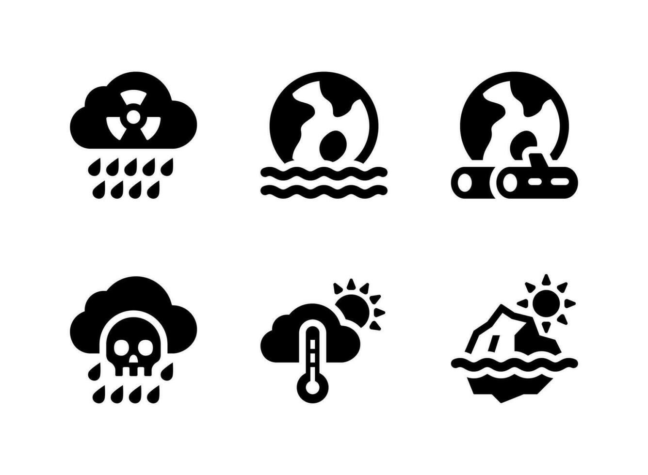 conjunto simple de iconos sólidos vectoriales relacionados con el cambio climático. contiene iconos como lluvia ácida, inundaciones, deforestación y más. vector