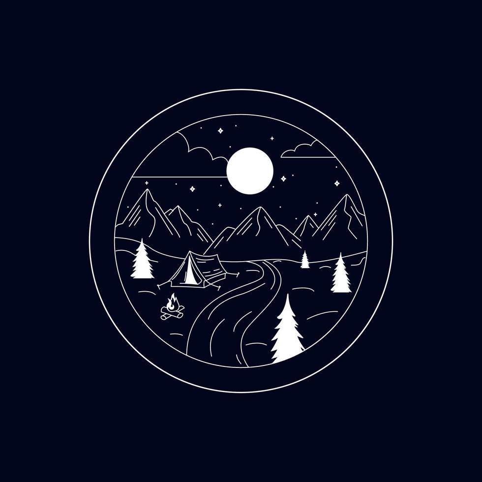 Hand Drawn Badge With Mountains, A River And A Tent. Camping Concept. Outline Vector Illustration For T-shirt Prints, Posters And Other Uses.