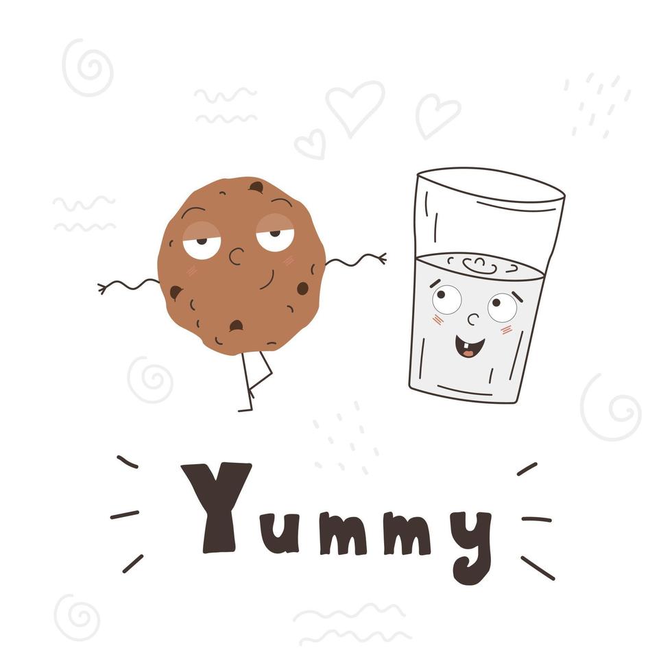 Cookies And Glass Of Milk Characters. YUMMY Inscription. Hand Drawn Illustration vector
