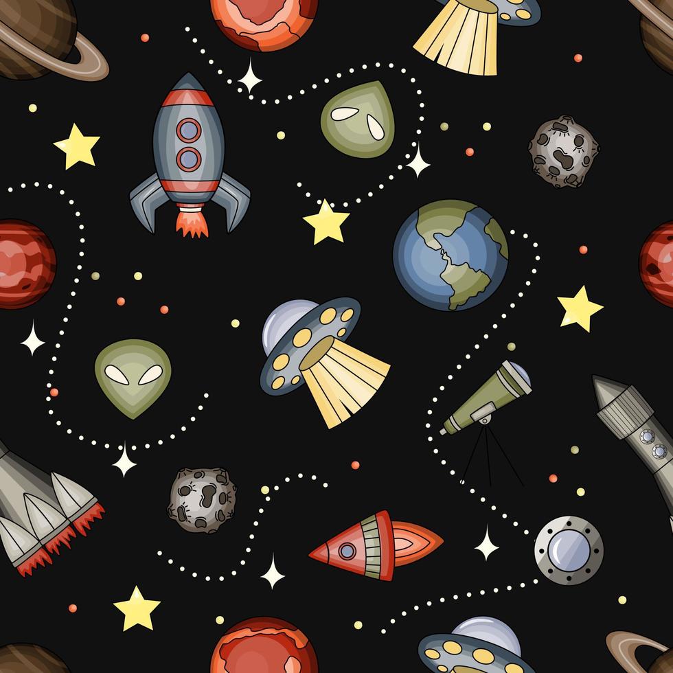 Doodle Seamless Pattern With Space Theme. Planets, Stars, Rockets On A Black Background. Cute Flat Vector Illustration.