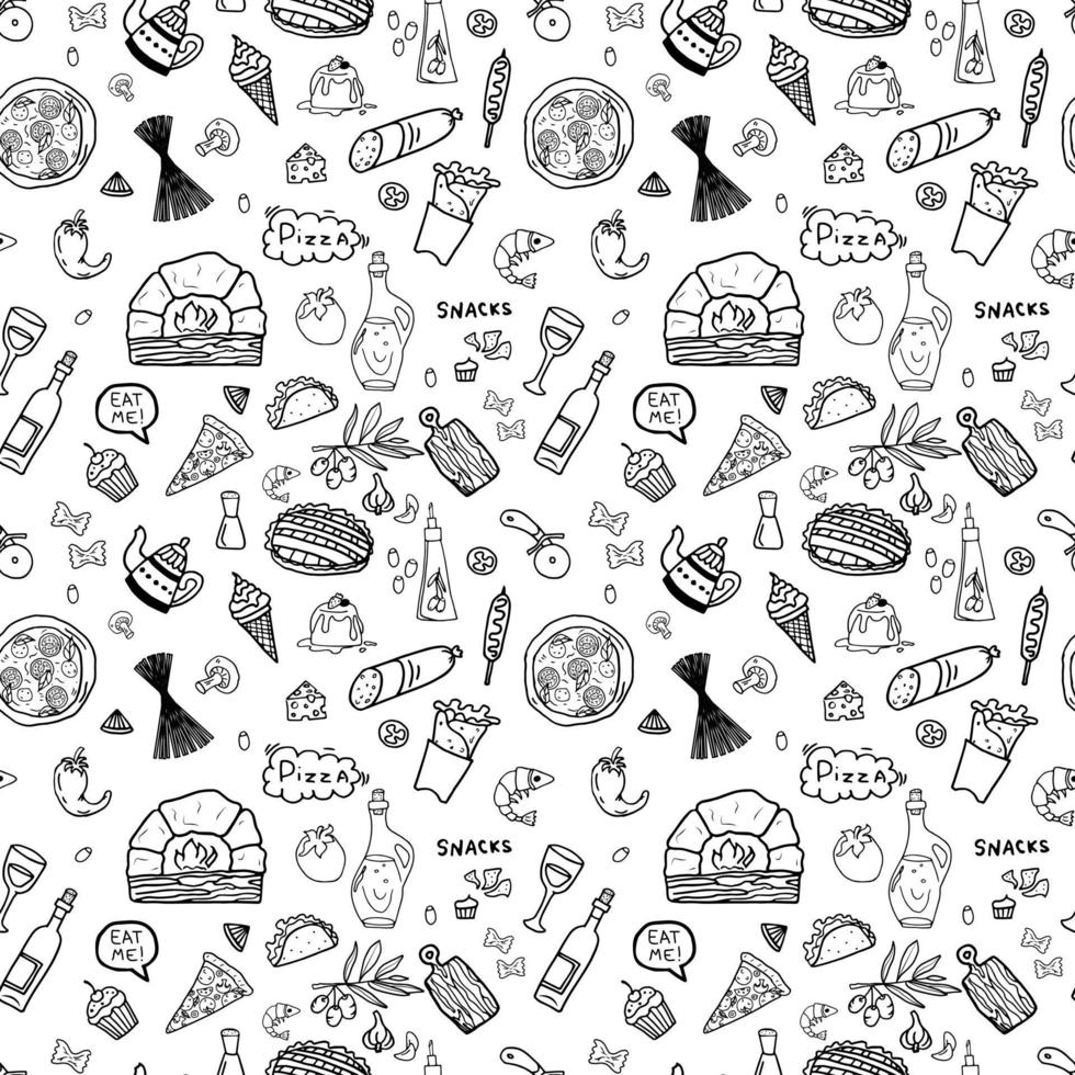 Seamless Pattern With Hand Drawn Food Elements. Outline Vector Illustration For T-shirt Prints, Posters And Other Uses.