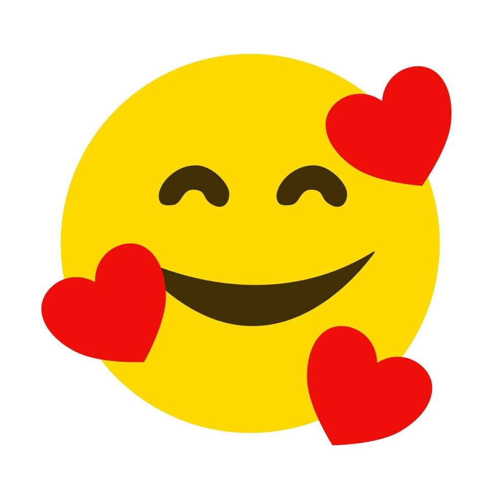 Yellow face emoji, smiley emoticon icon with heart surrounded. vector