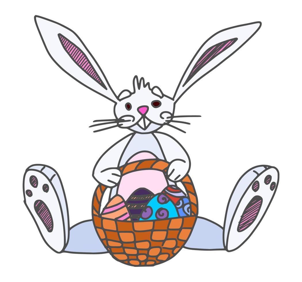 conejo con cesta y huevos carácter pascua nuevo vector