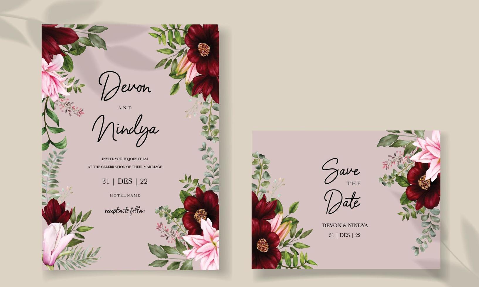 hermosa tarjeta de invitación de boda con decoración floral burdeos vector